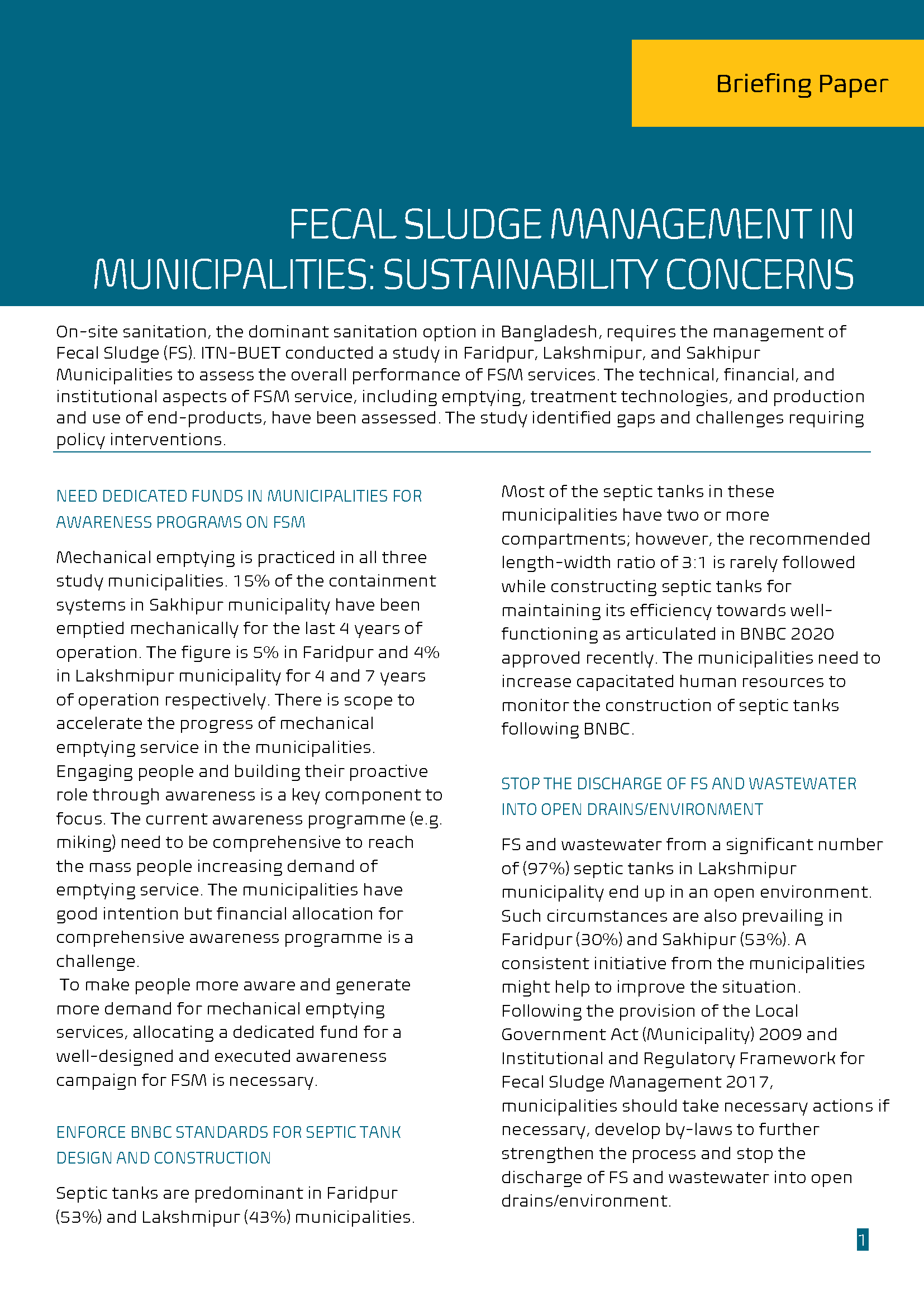 Fecal Sludge Management in Municipalities Sustainability Concerns-Briefing Paper
