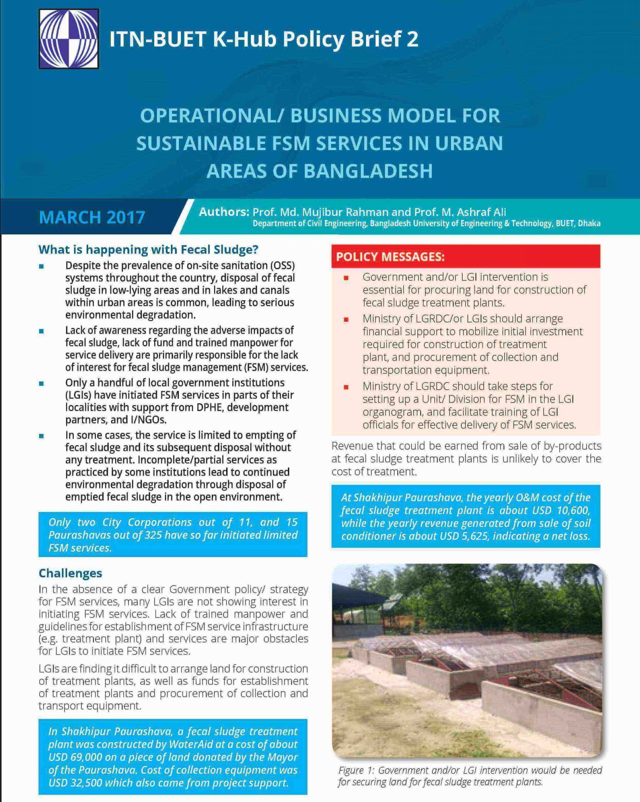 Policy Brief: Operational/ Business Model for Sustainable FSM Services in Urban Areas of Bangladesh