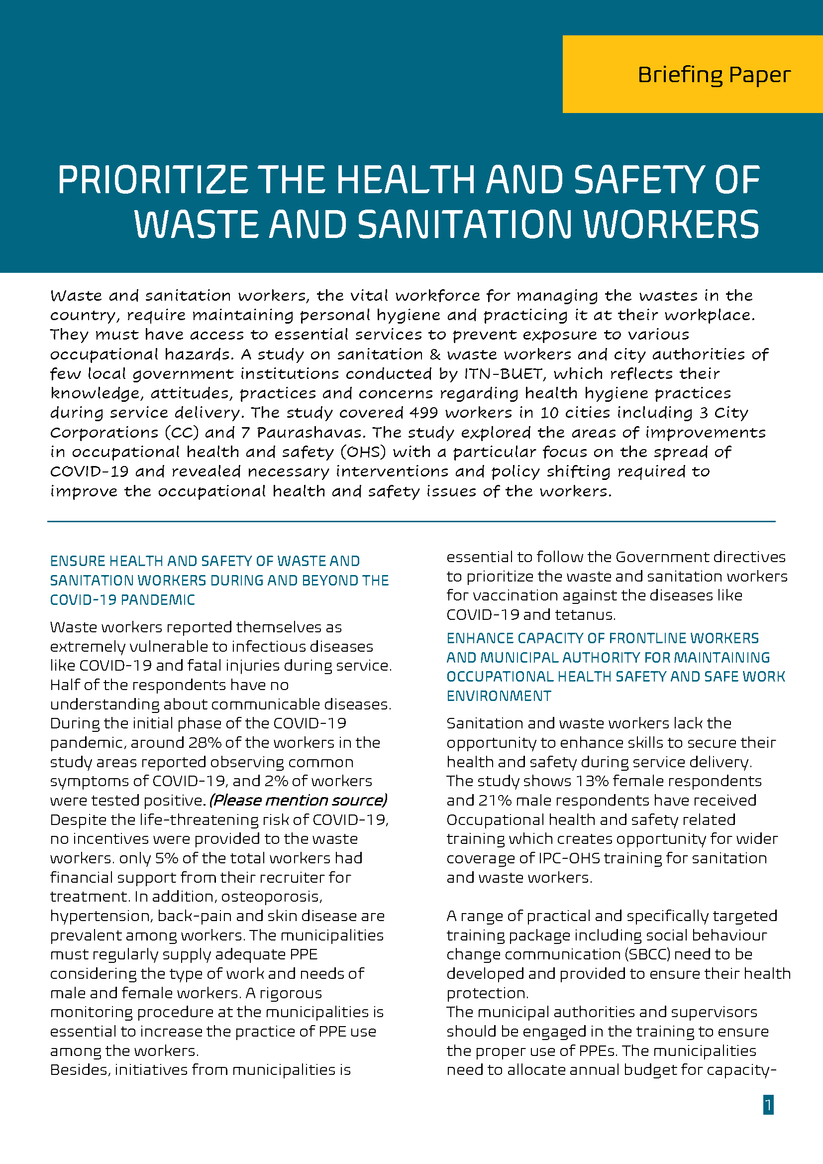 Prioritize the Health and Safety of Waste and Sanitation Workers-Briefing Paper